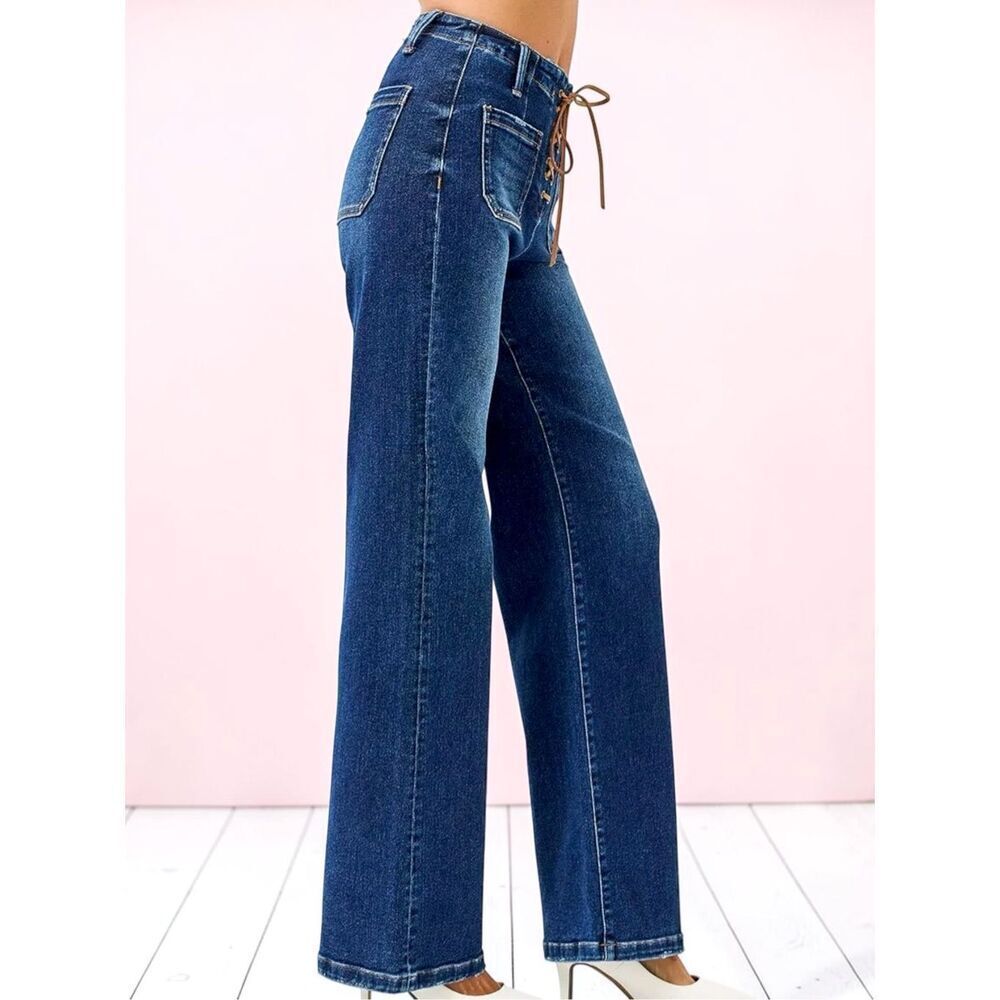 Risen High Rise Wide Leg Lace Up Jeans Dark Wash Tie Patch Pocket Stretch Denim - Picture 10 of 13